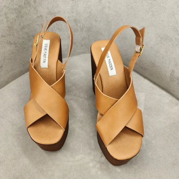 Steve Madden Platform Sandals 10 Brown Cognac Leather Galaxy Wedges New $100